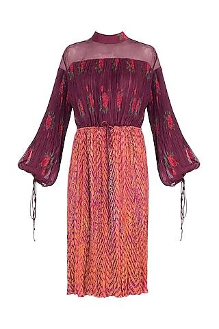 burgundy dual print leheriya dress with belt