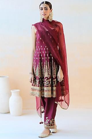 burgundy embroidered anarkali set