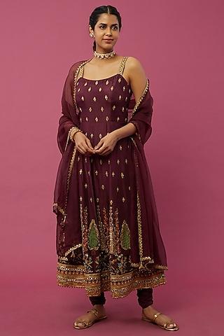 burgundy embroidered anarkali set