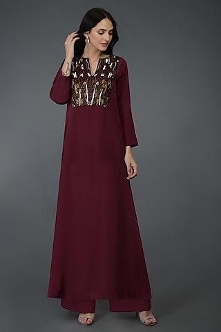 burgundy embroidered kurta with pants