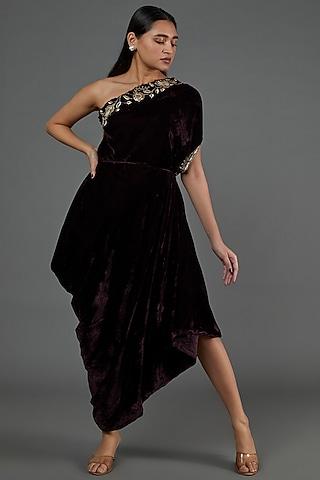 burgundy embroidered one-shoulder dress