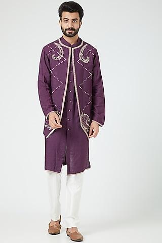 burgundy embroidered waistcoat with kurta set for boys