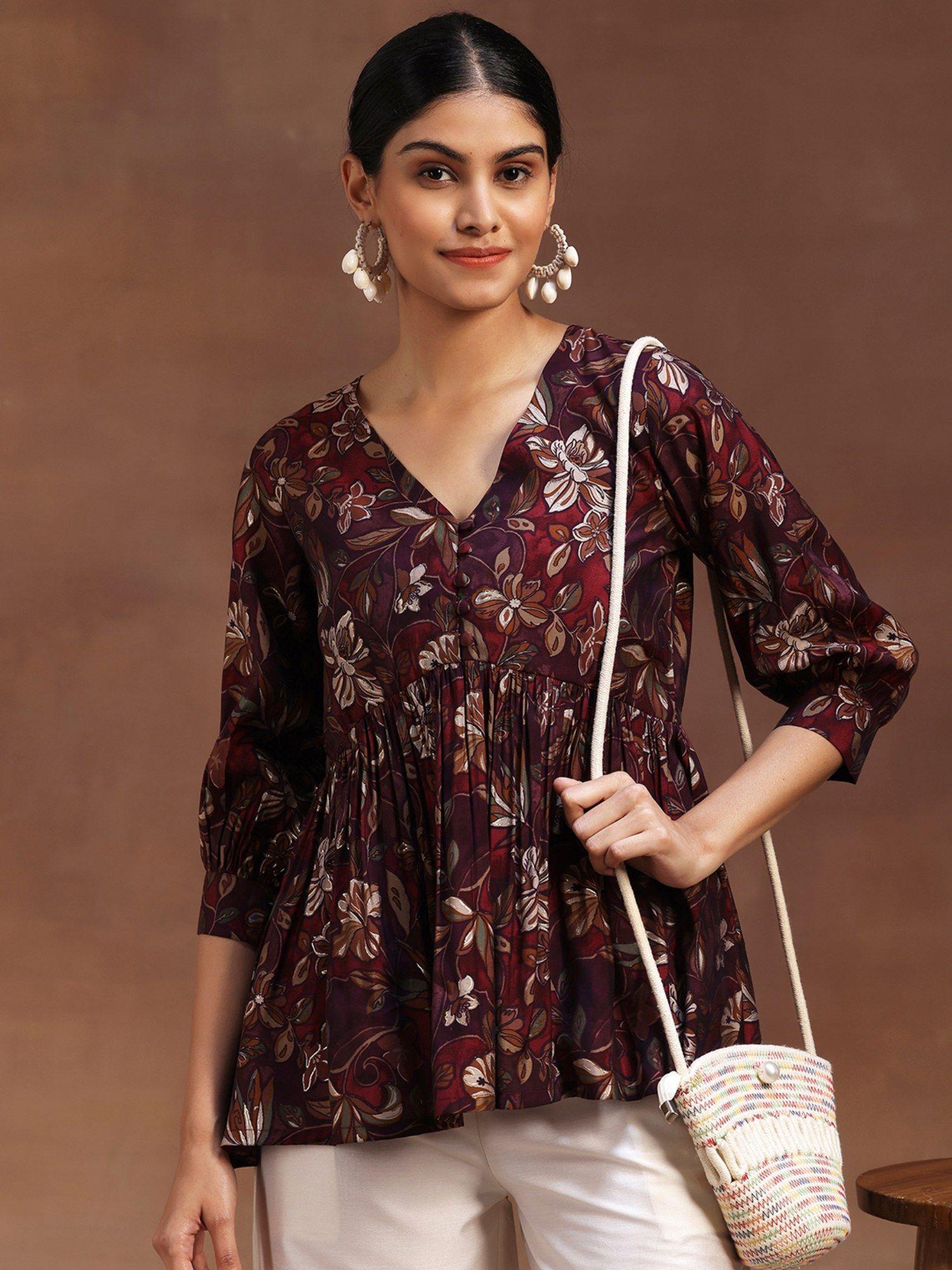 burgundy floral printed a-line kurti with pleated style