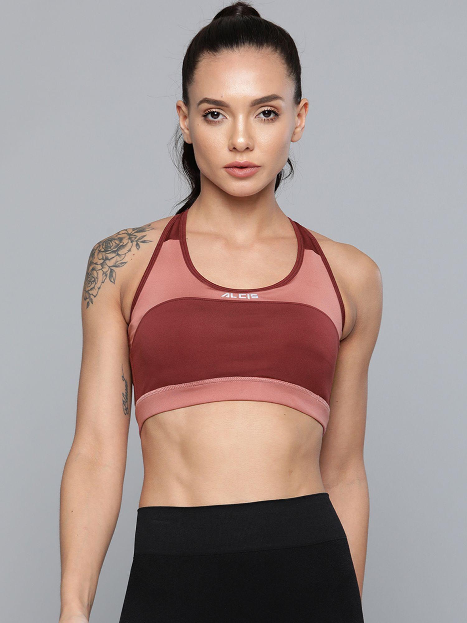 burgundy full coverage colorblock sports bra