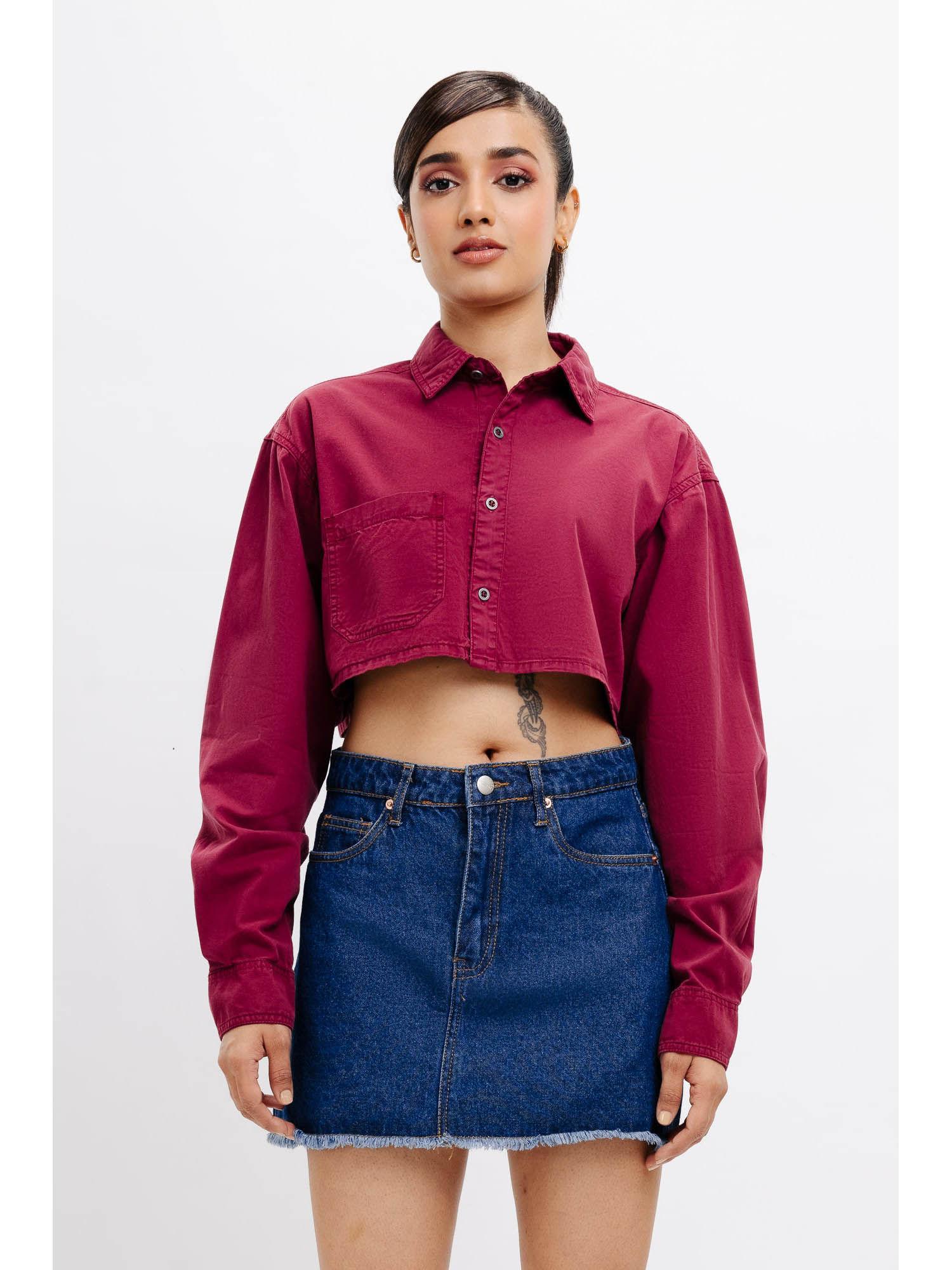 burgundy full sleeves crop shirt