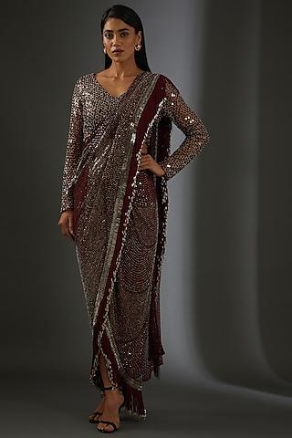 burgundy georgette crystal embellished draped saree set
