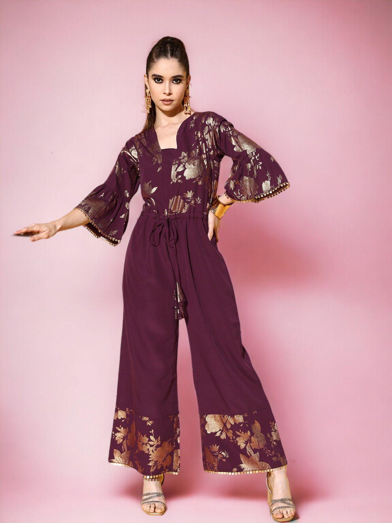 burgundy gold toned bell sleeves printed ethnic jumpsuit with waist tie ups