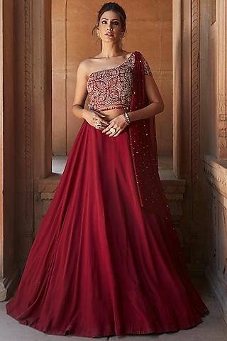 burgundy hand embroidered gown with dupatta