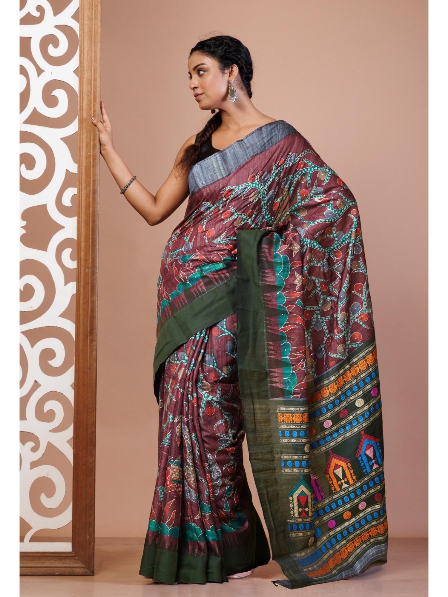 burgundy handloom block printed embroidery vidarbha silk saree with unstitched blouse