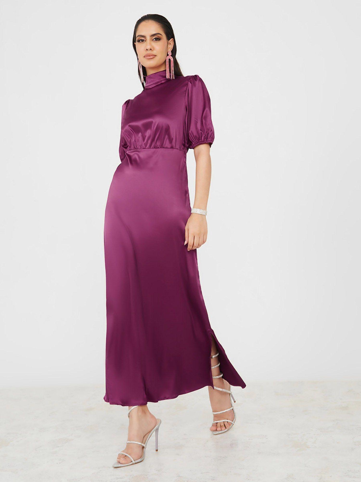 burgundy high neck satin a-line maxi dress