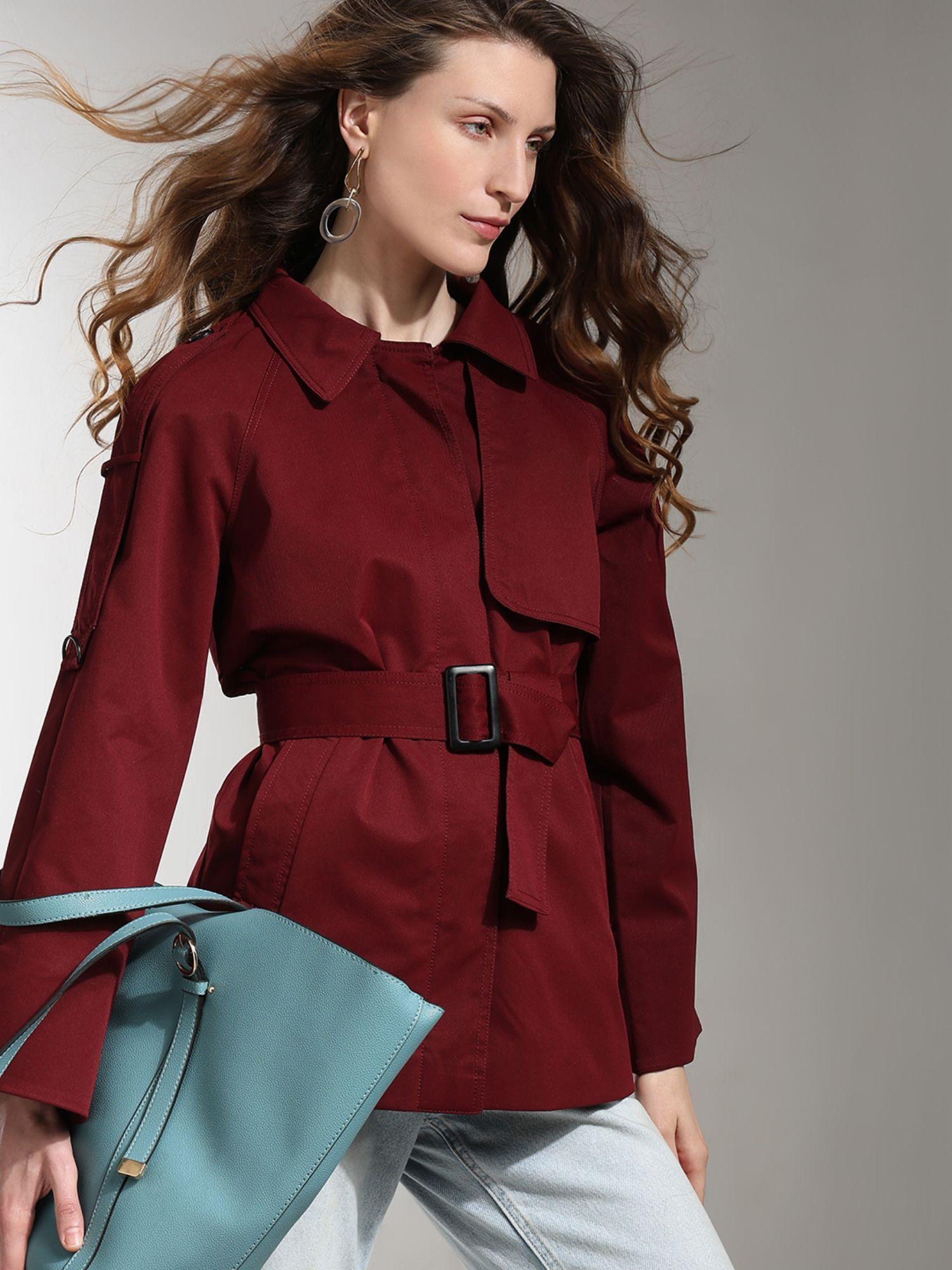 burgundy long trench coat with belt (set of 2)