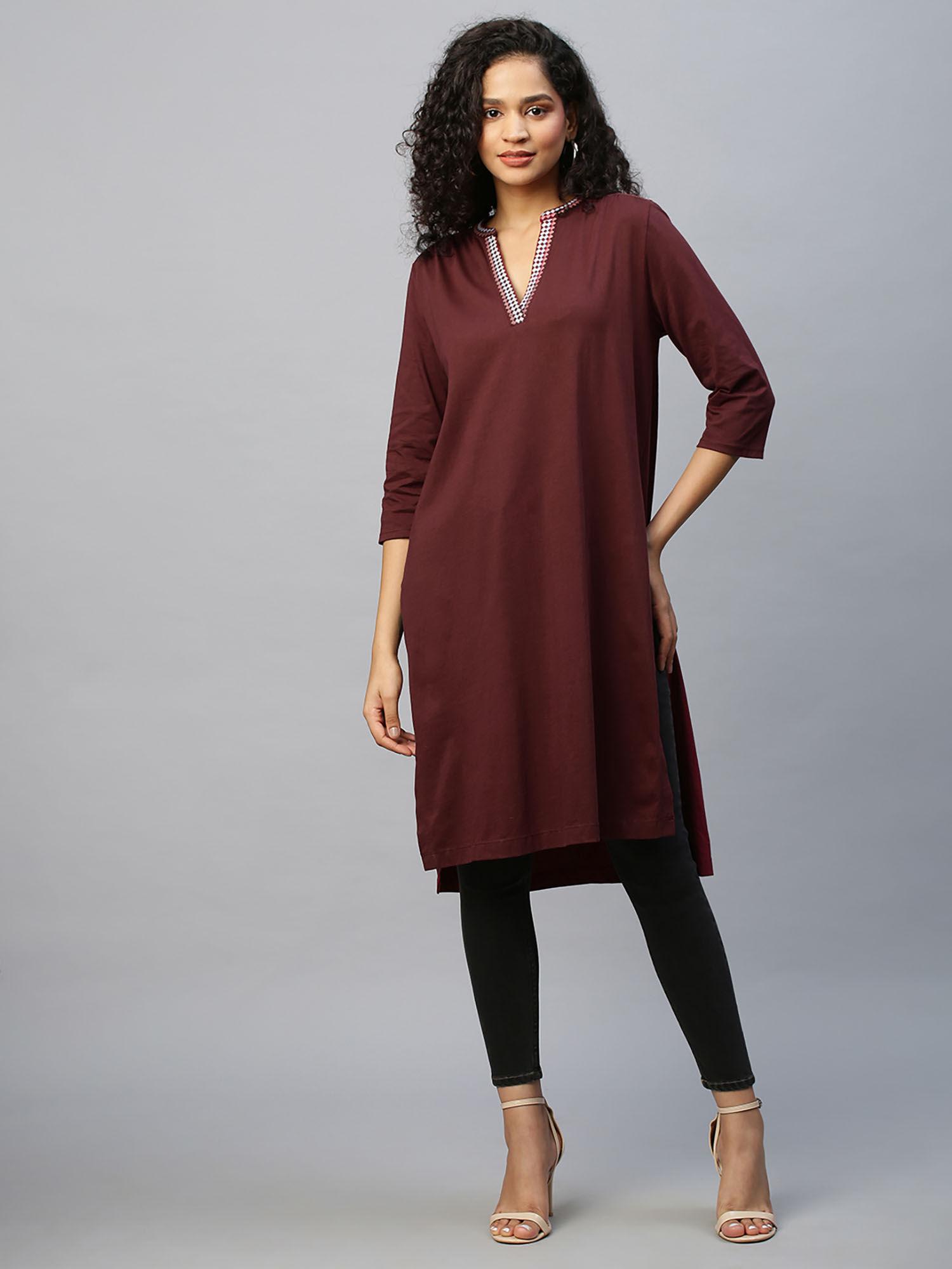 burgundy longline embroidered cotton jersey kurta