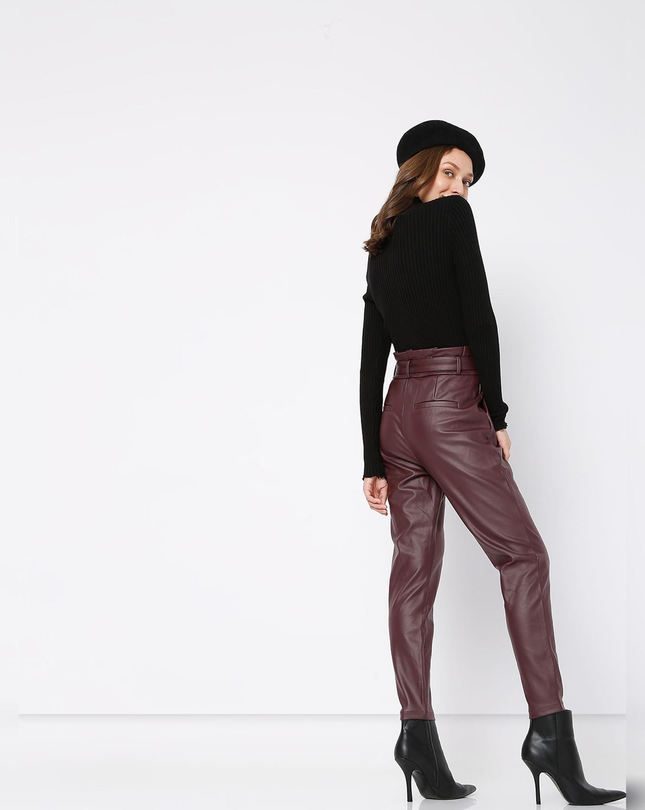 burgundy mid rise paperbag pants