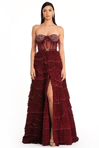 burgundy net frill corset gown