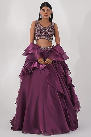 burgundy organza lehenga set