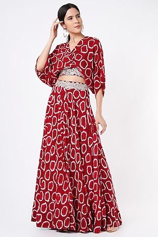 burgundy printed & embroidered lehenga set