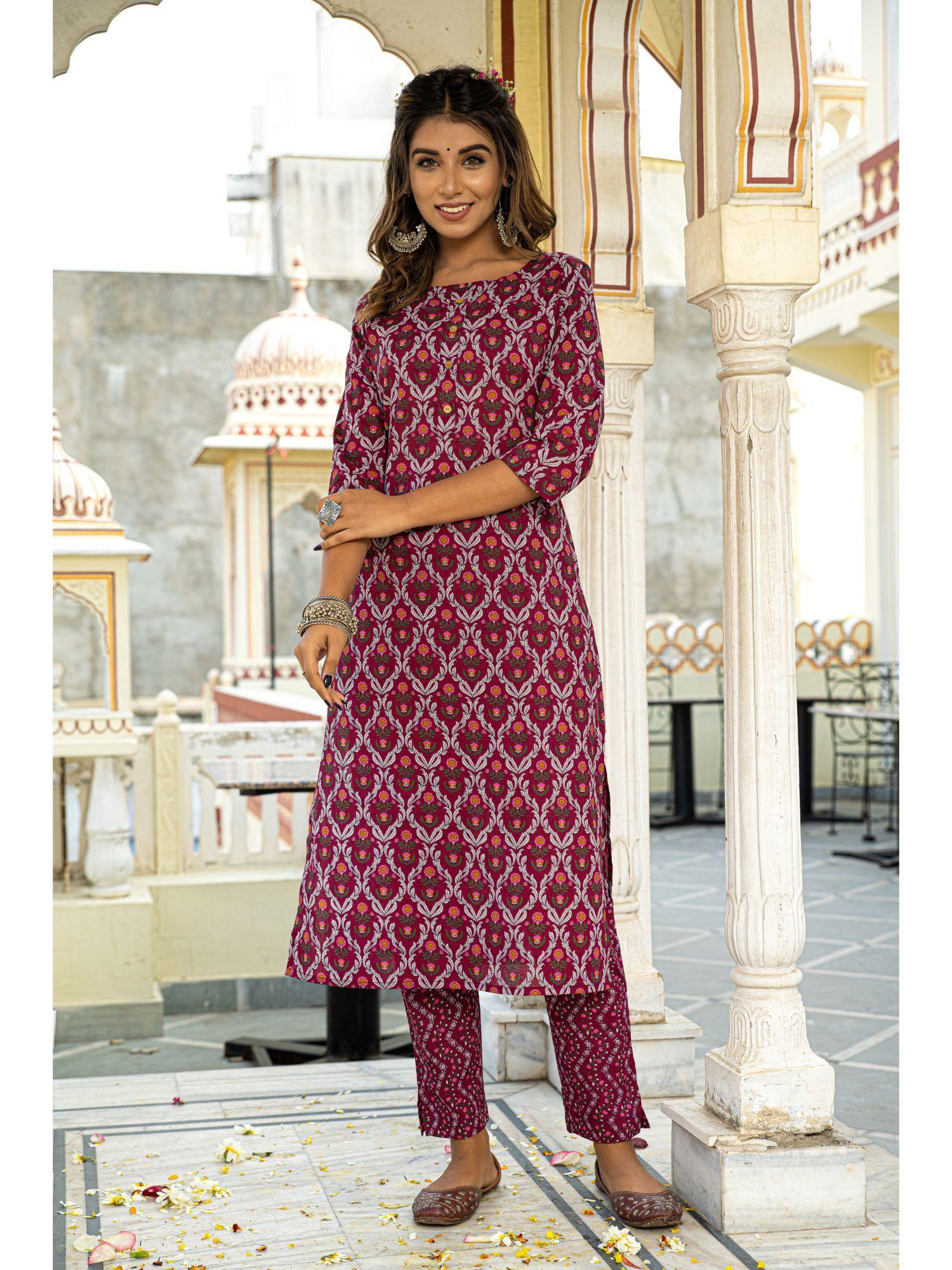 burgundy printed cotton kurta & pant (set of 2)