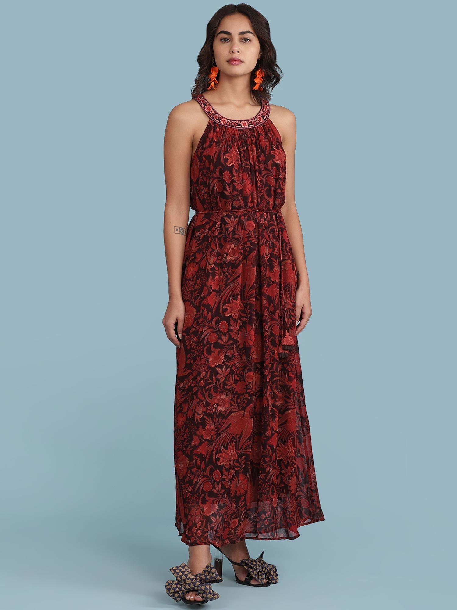 burgundy printed halter maxi dress