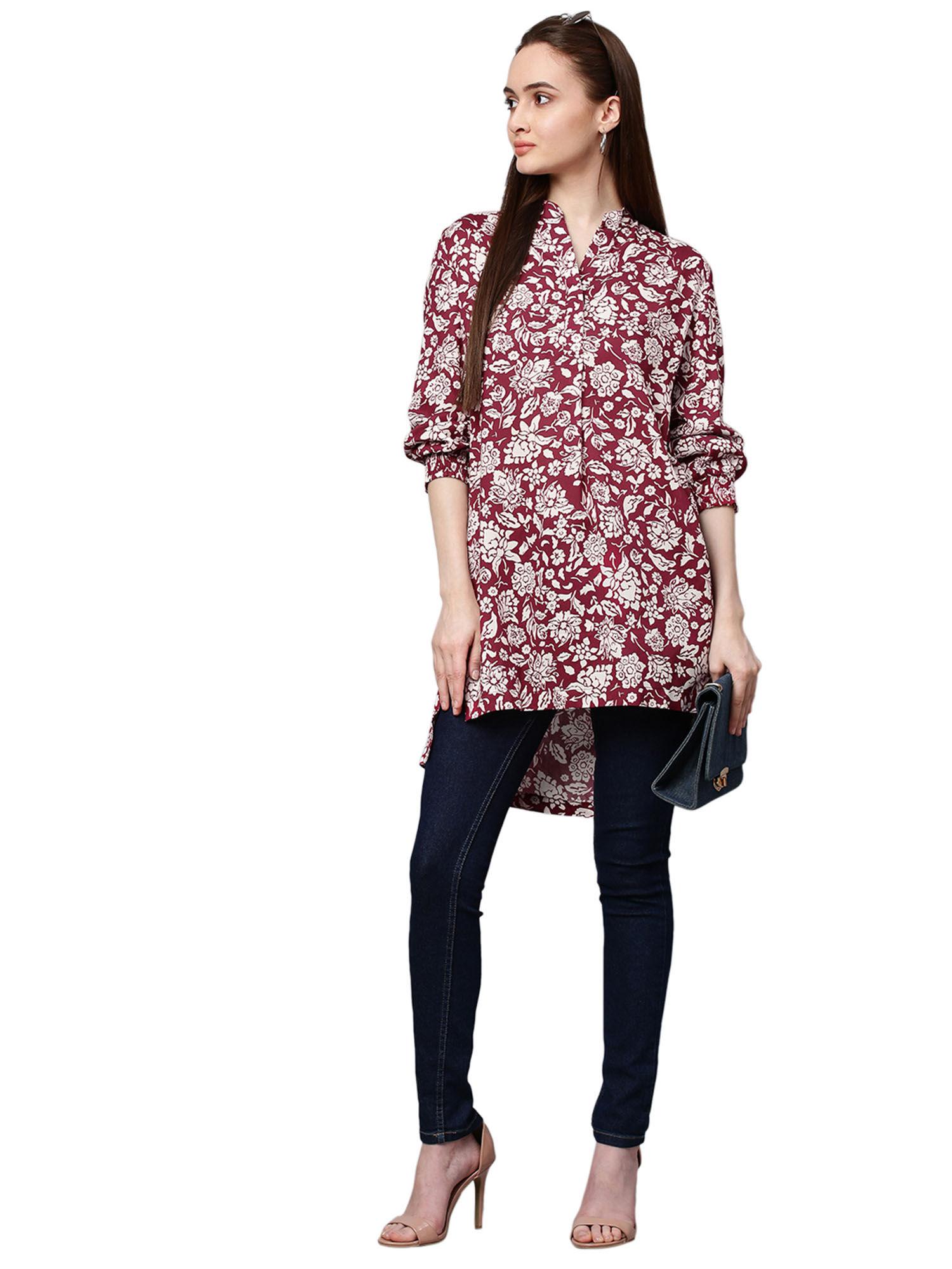 burgundy printed rayon pop over kurta