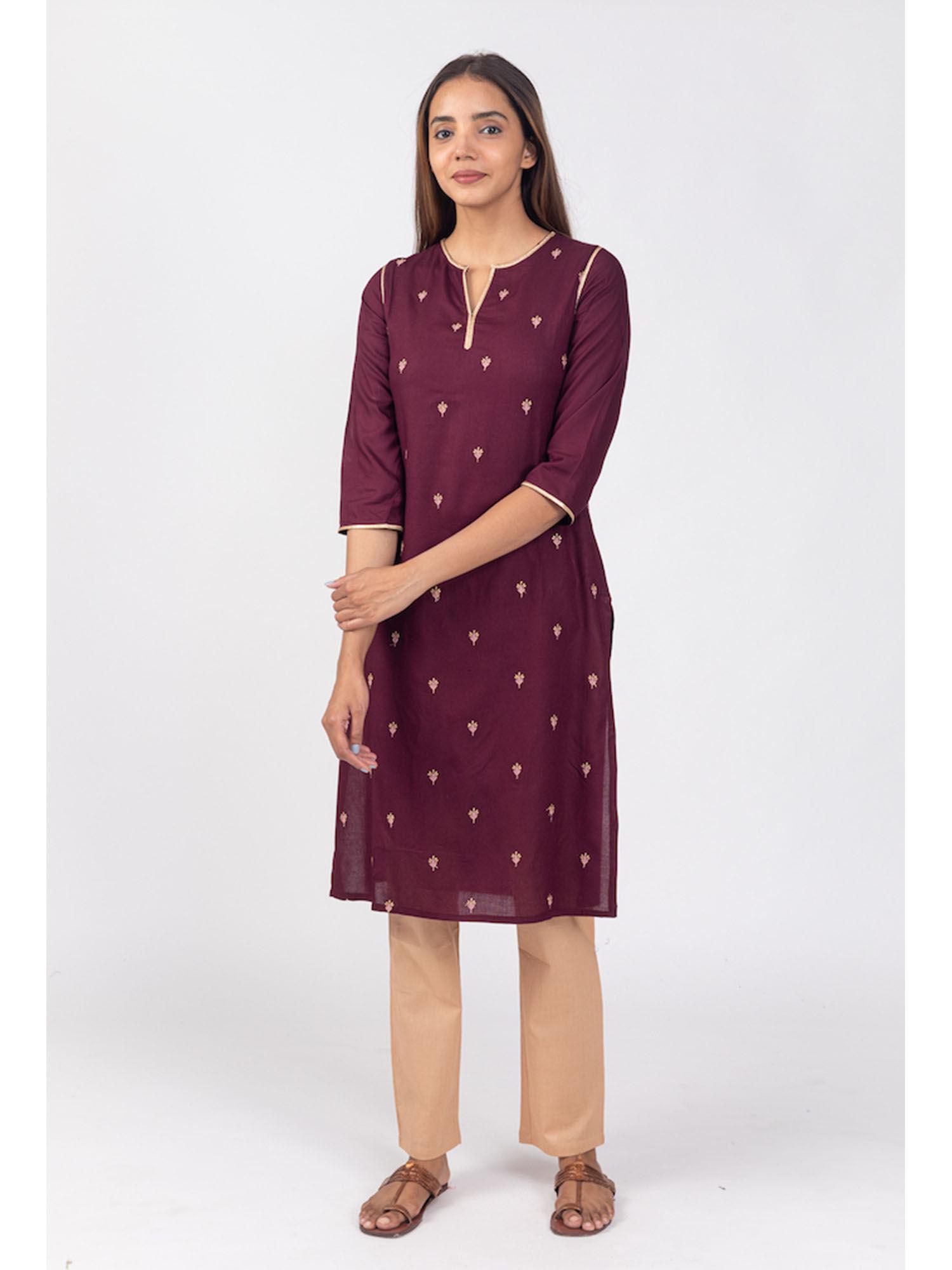 burgundy rayon all over embroidered kurta