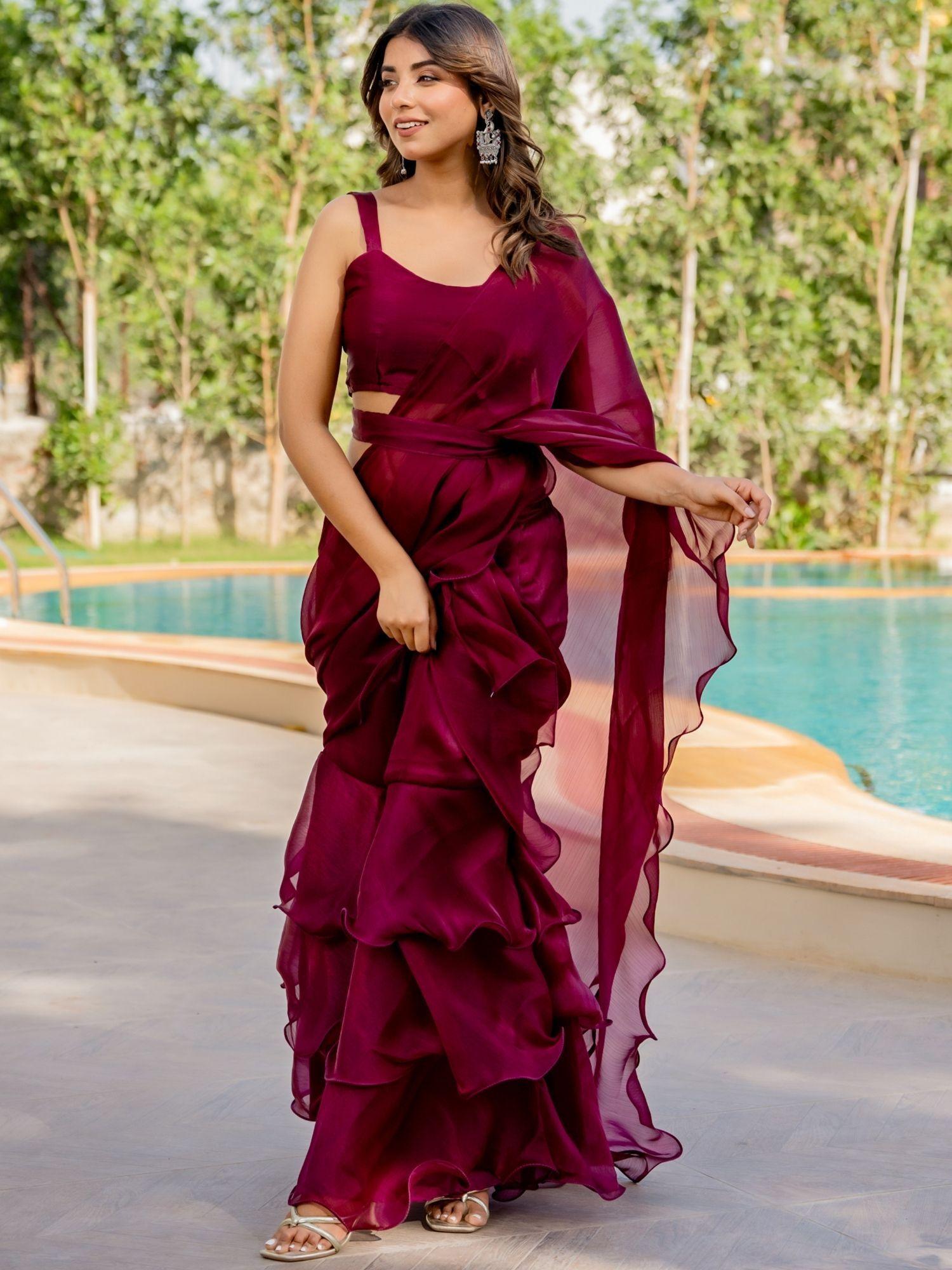 burgundy ruffle saree with stitched blouse