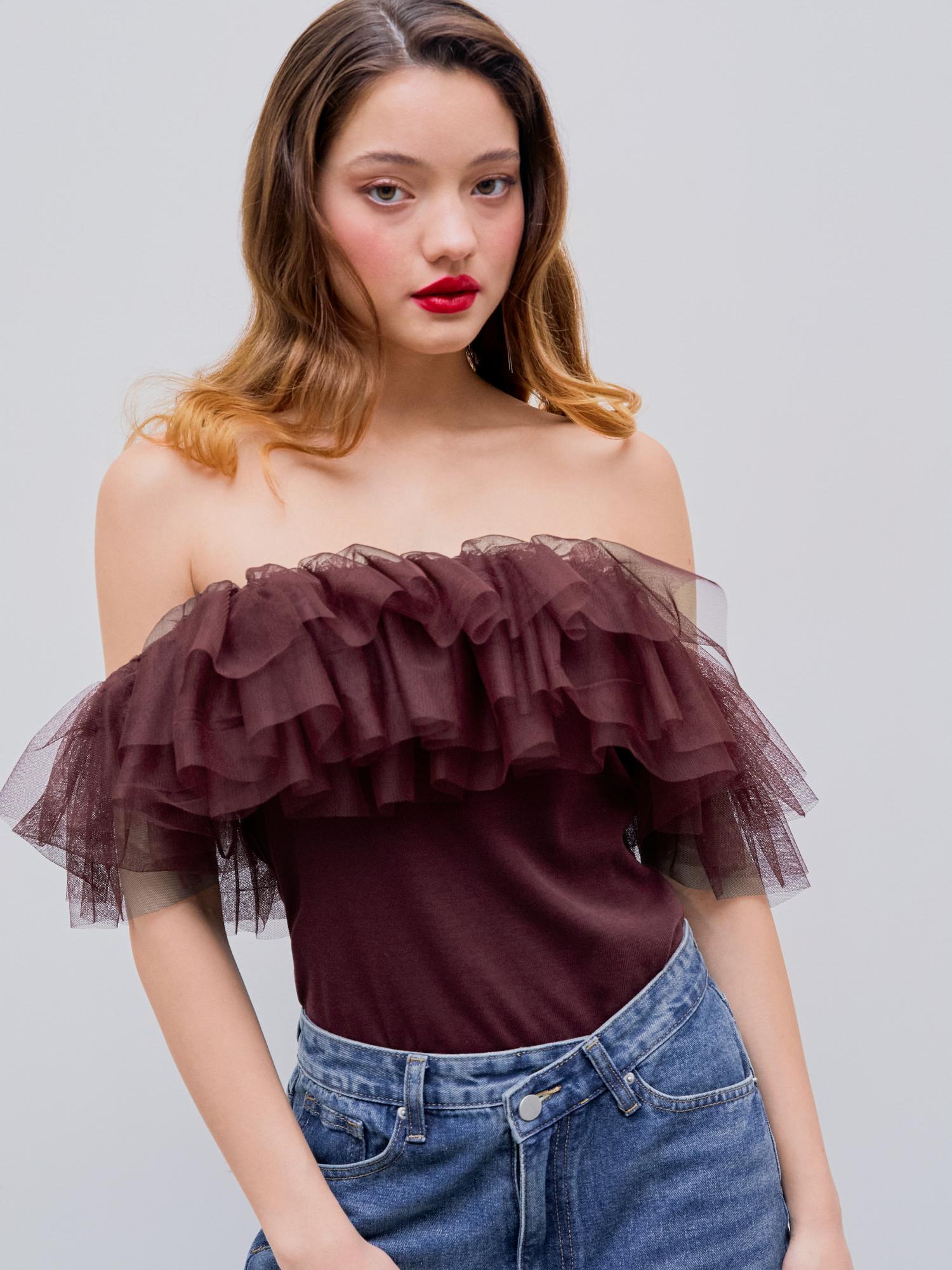 burgundy ruffle tulle off-shoulder bodysuit