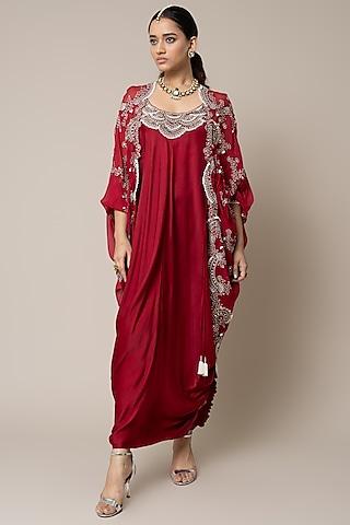 burgundy satin hand embroidered sack dress with cape