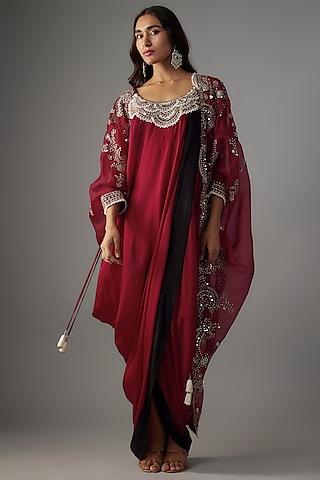 burgundy satin mirror embroidered maxi jacket dress