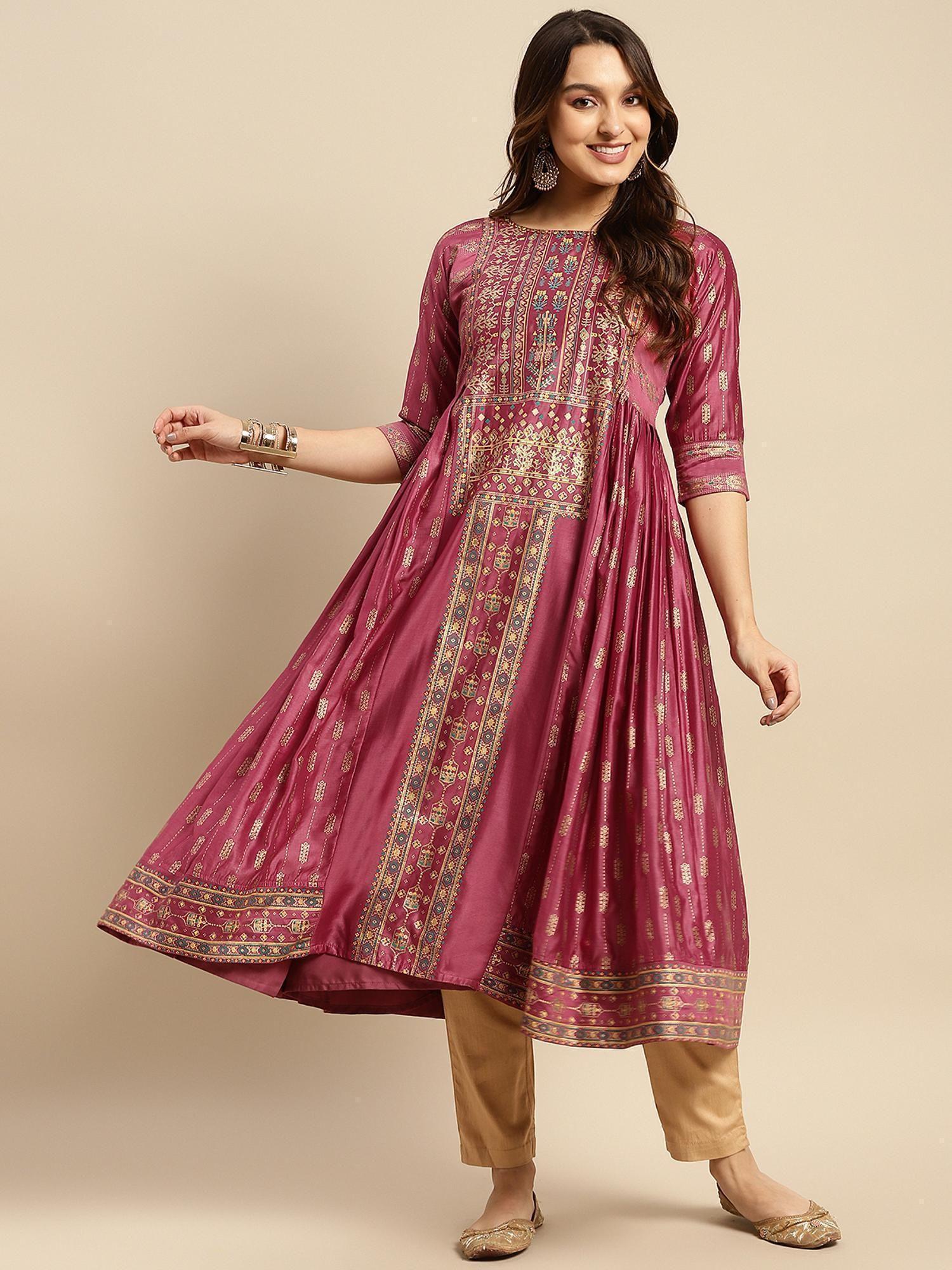 burgundy sequin yoke embroidered foil printed calf length anarkali kurta