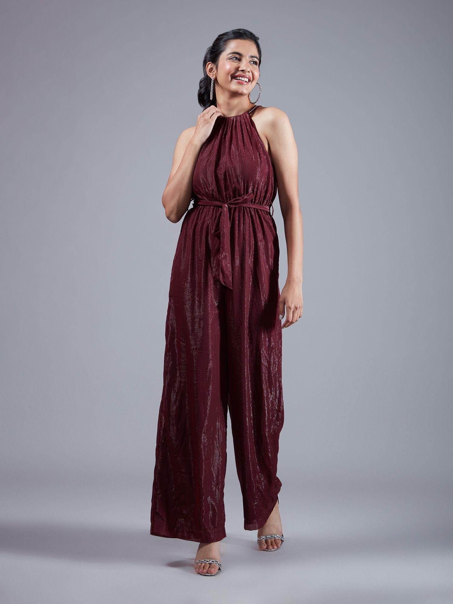 burgundy shimmer round neck strap wide leg jumpsuit (set of 2)