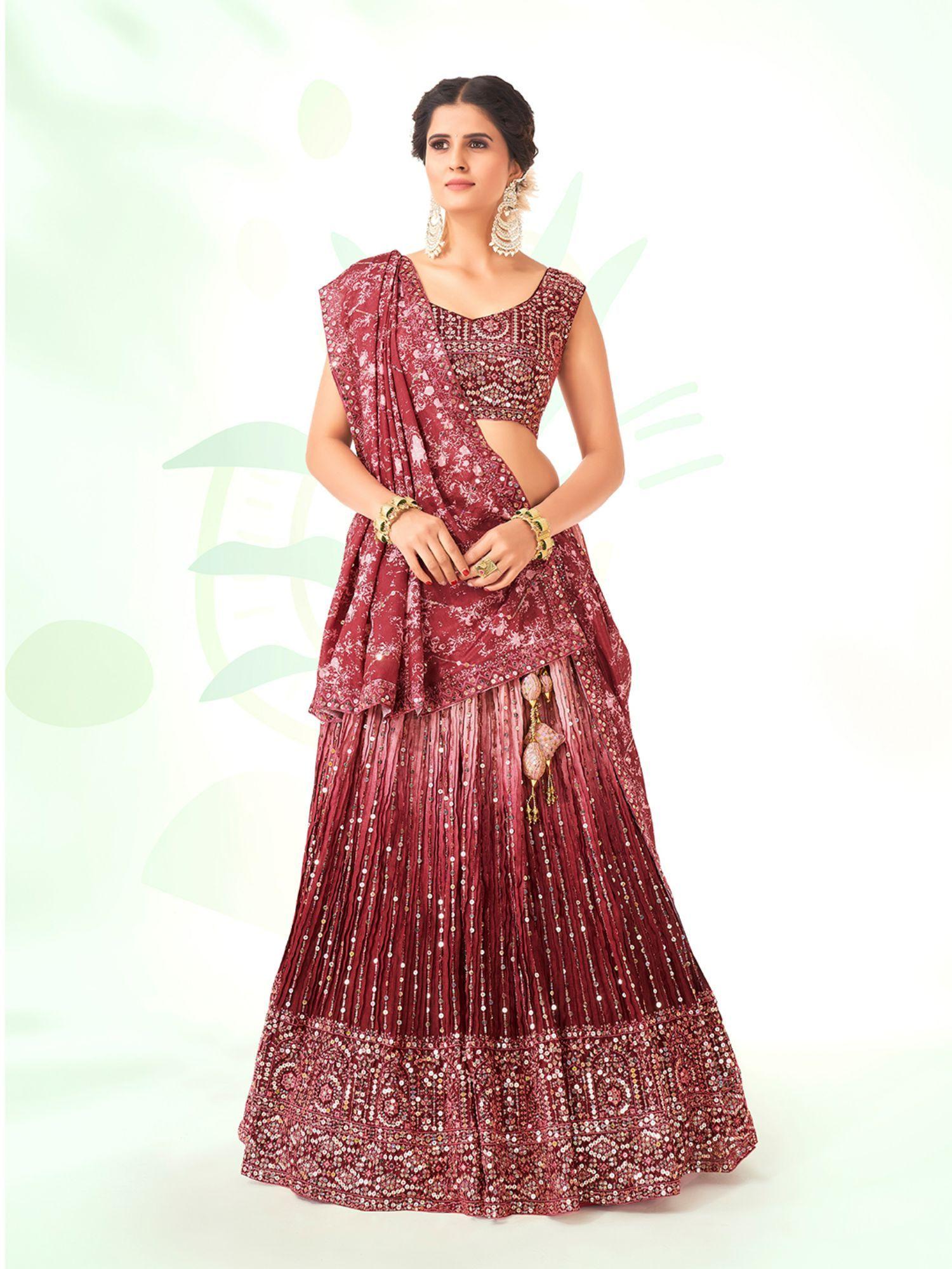 burgundy silk semi stitched lehenga & unstitch blouse with dupatta (set of 3)