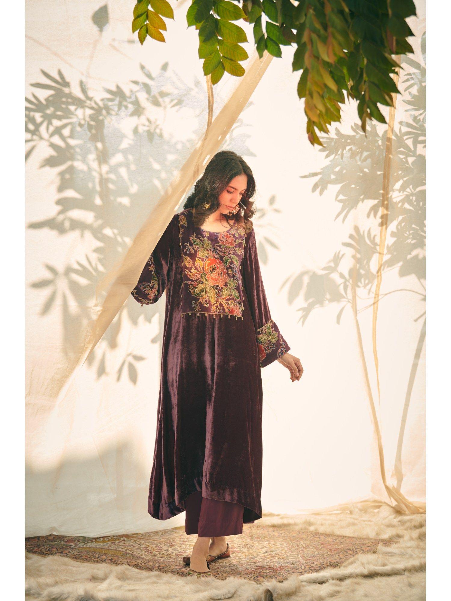 burgundy silk velvet embroidered kurta with yoke cotton satin pant (set of 2)