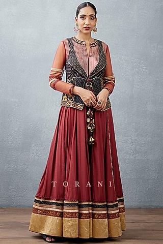 burgundy slub silk anarkali set