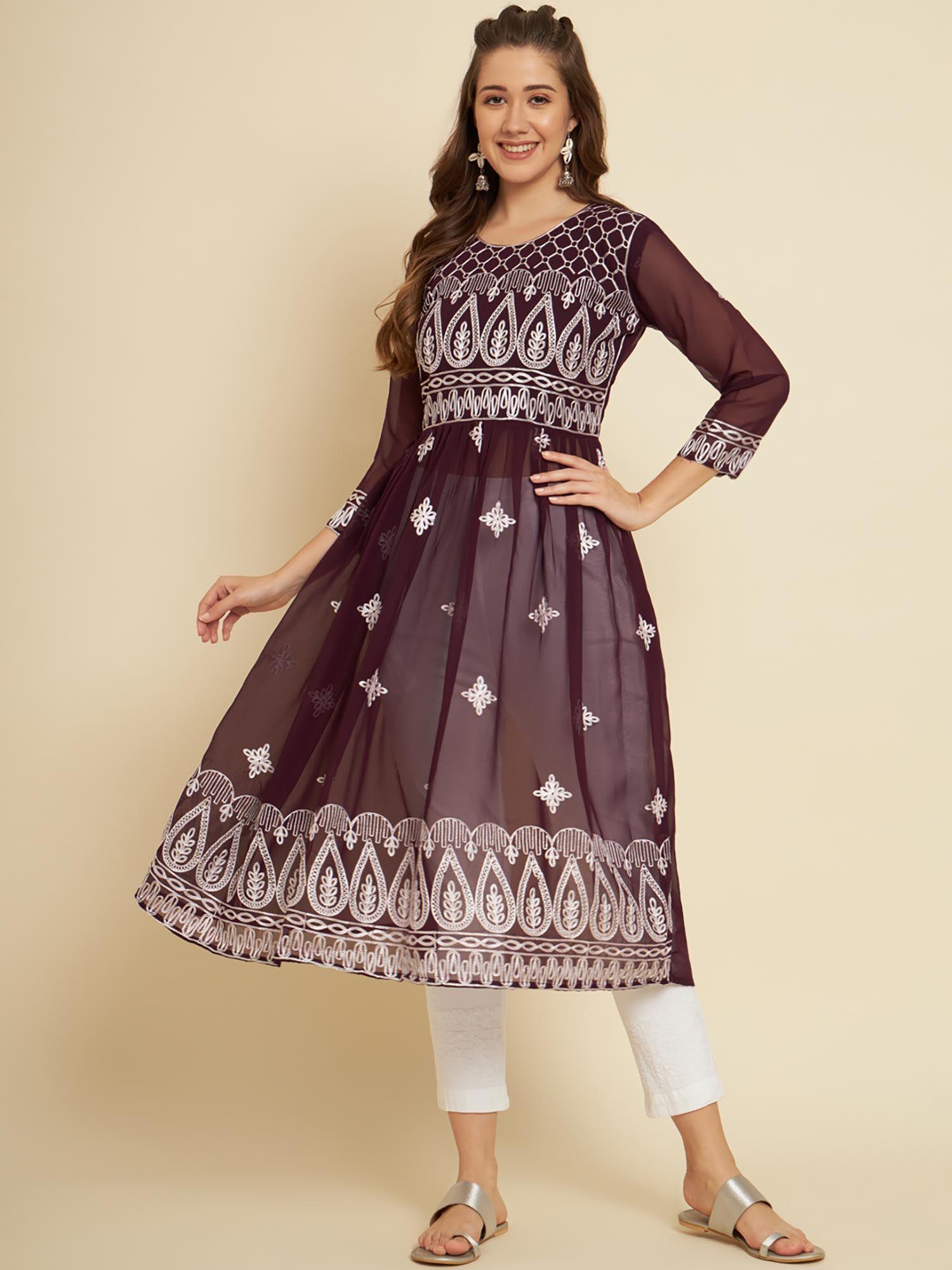 burgundy soft georgette embroidery work anarkali kurta