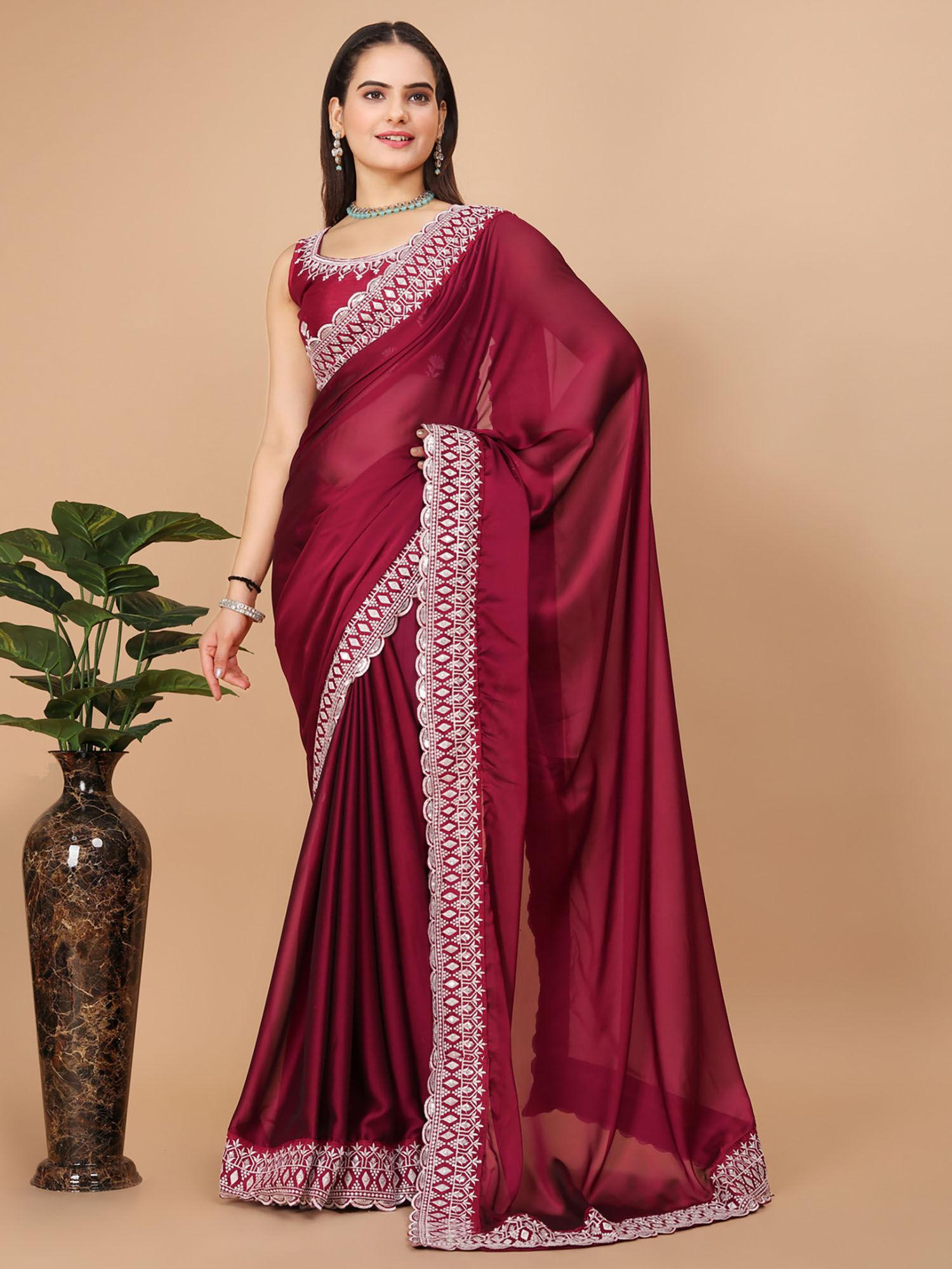 burgundy soft rangoli silk embroidery saree & mono banglory with unstitched blouse