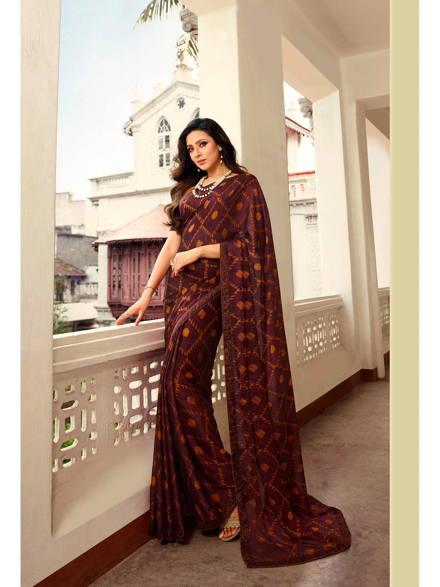 burgundy soft rangoli silk printed saree & mono banglory with unstitched blouse