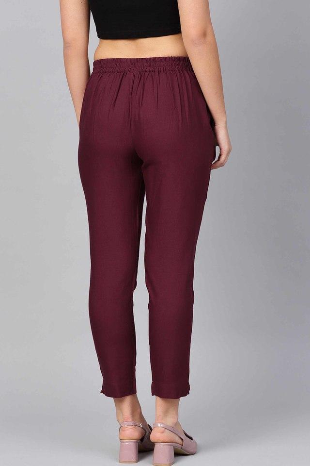 burgundy solid cotton flex slim fit women pants with two pockets