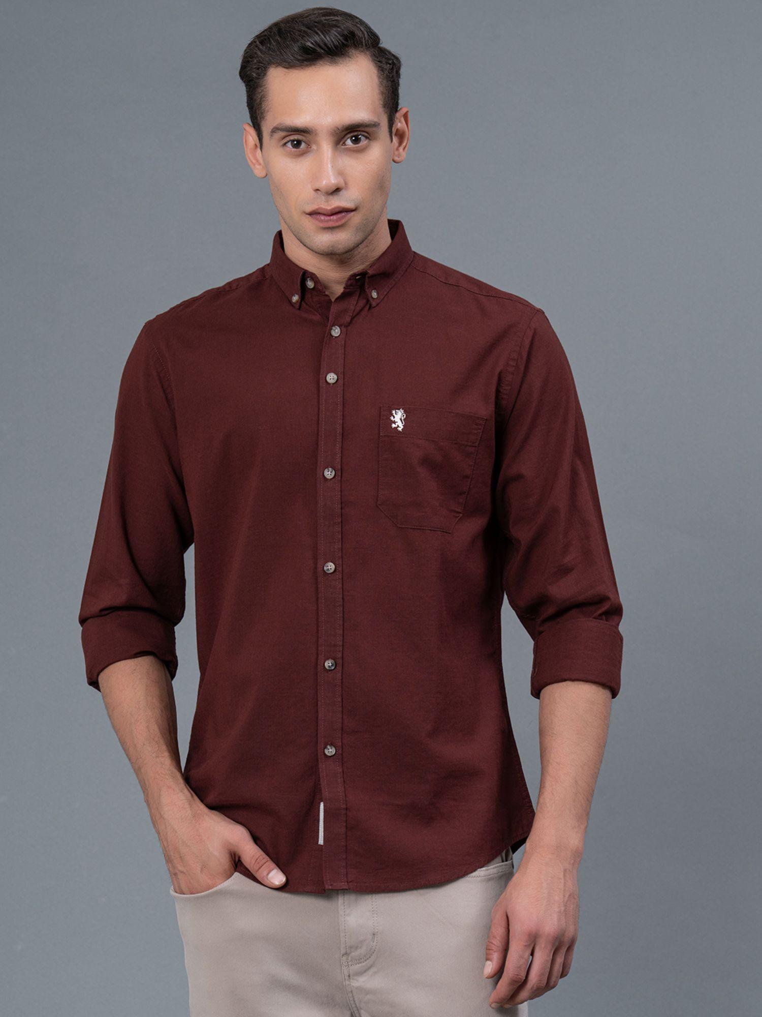 burgundy solid pure cotton men shirt