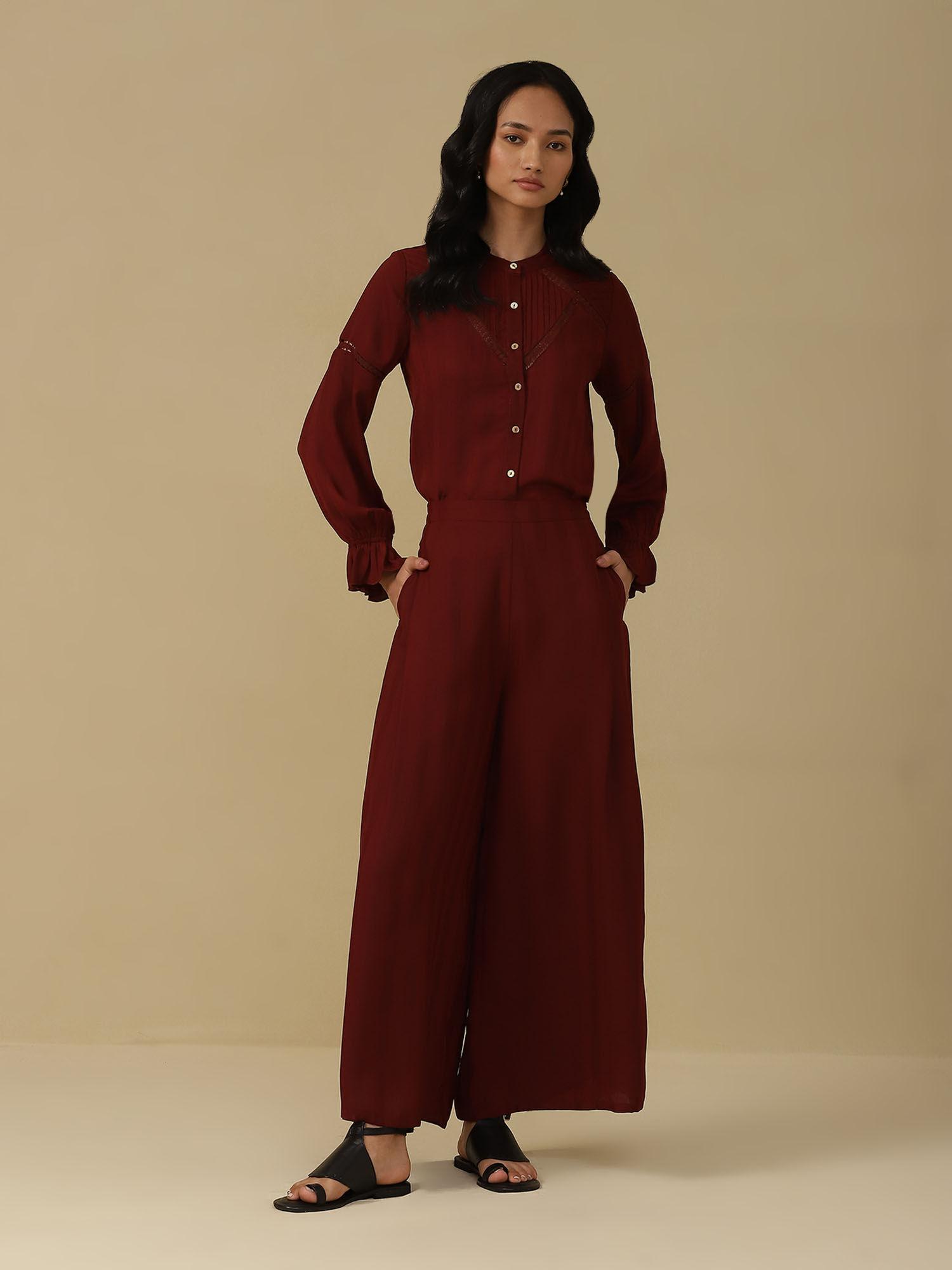 burgundy solid shirt with pant co-ord (set of 2)