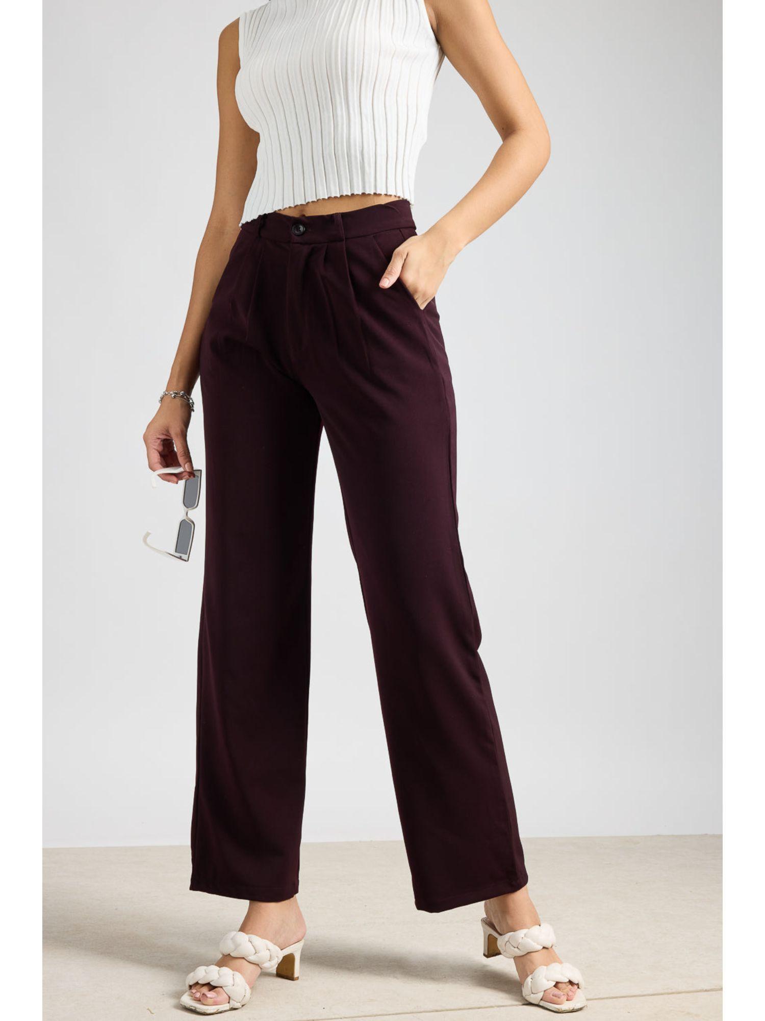 burgundy solid straight fit korean pant