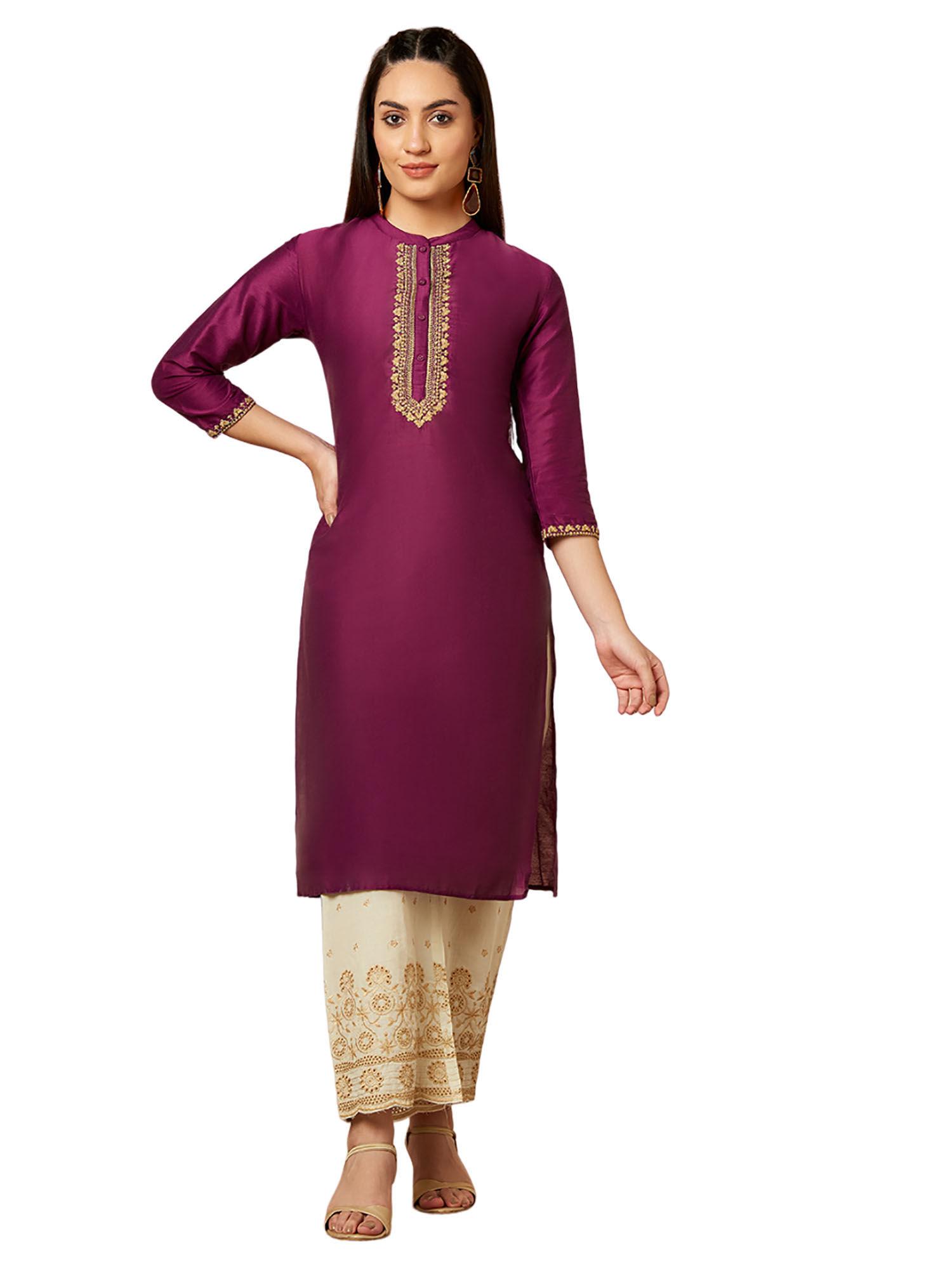 burgundy solid straight kurta