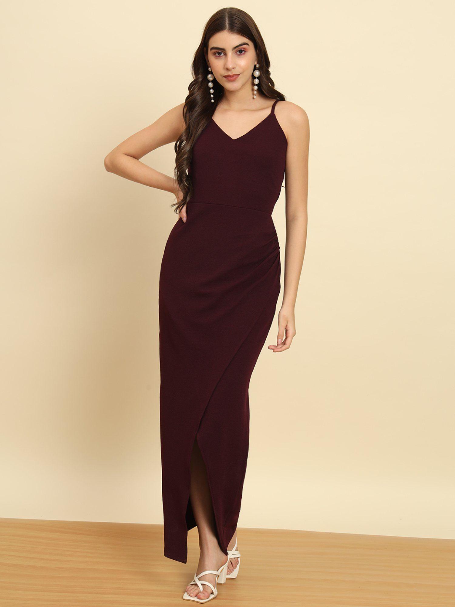 burgundy split thigh dress