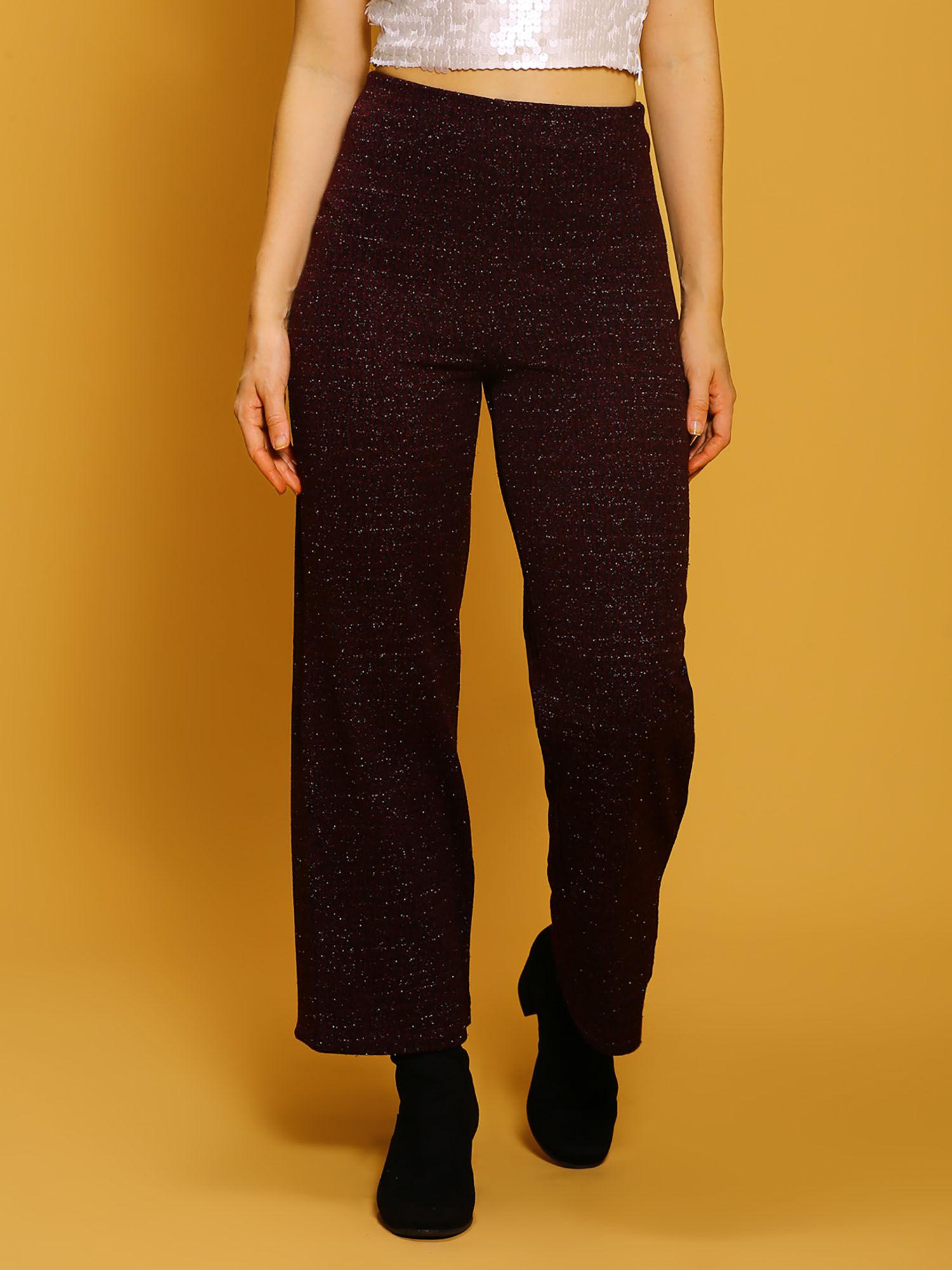 burgundy stretchable party trouser in high waist comfort fit textured