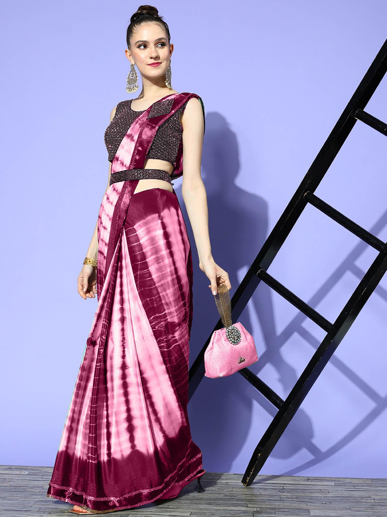 burgundy tie & dye belt & pre-draped saree with stitched blouse