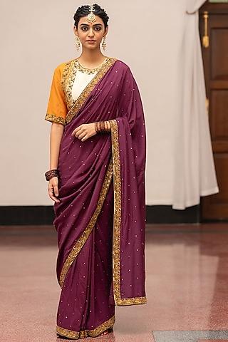 burgundy tissue embroidered woven saree set