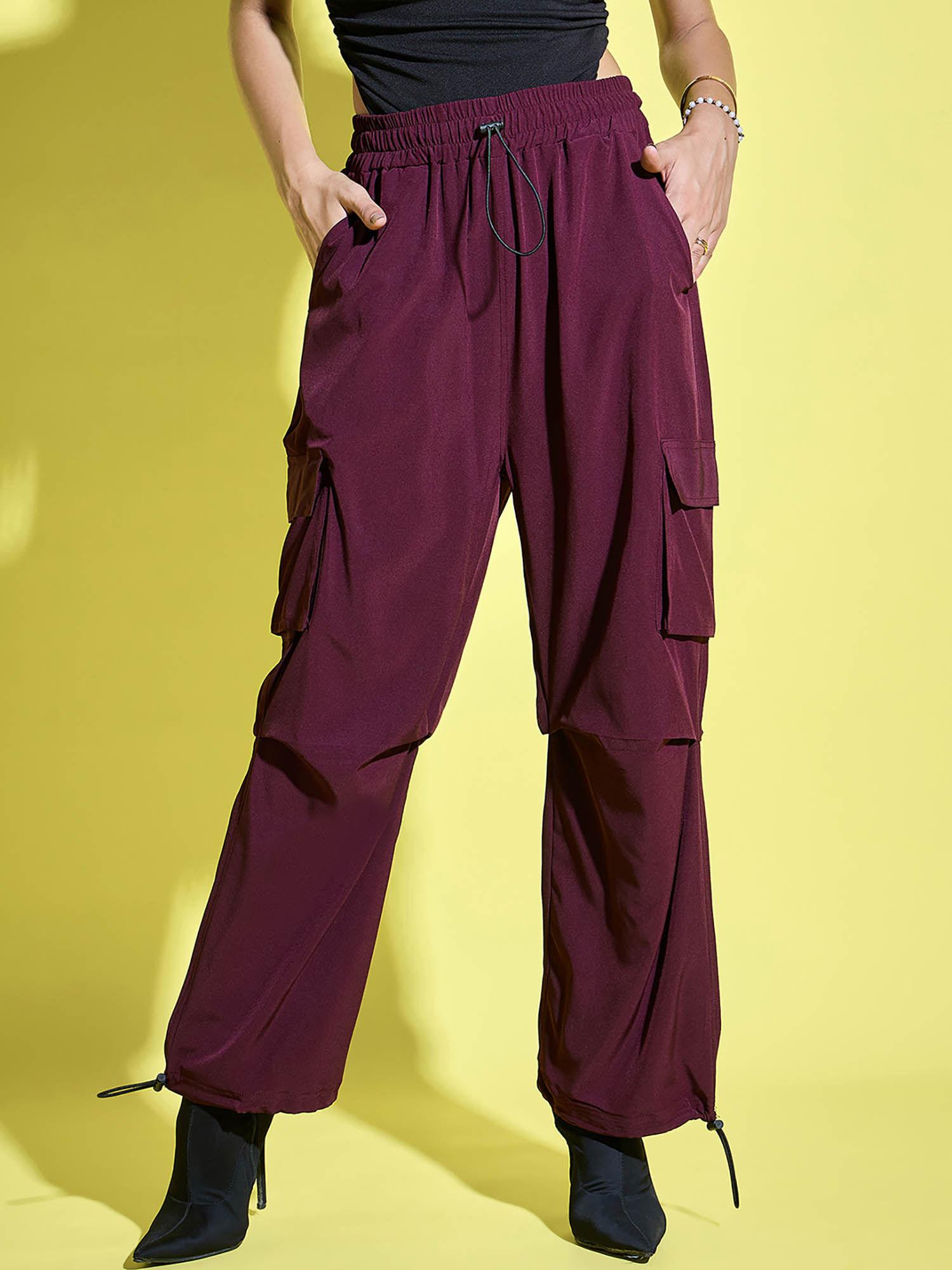 burgundy women loose fit parachute high waist cargo pant