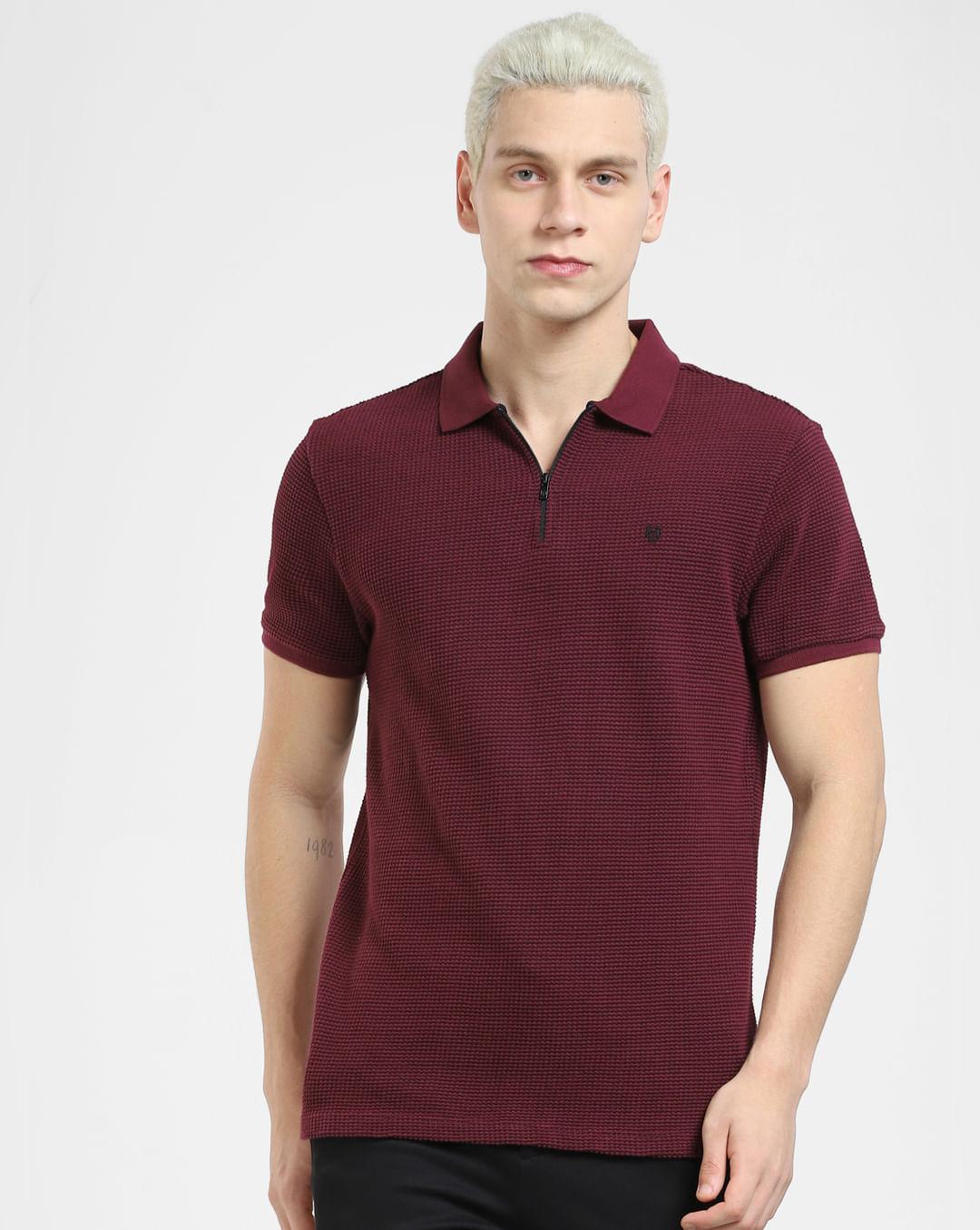 burgundy zip-up polo t-shirt