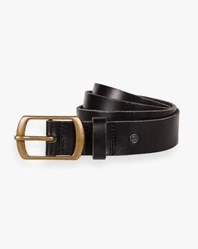 burnished wide leather belt with buckle closure