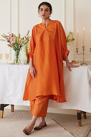 burnt orange habutai silk embellished kurta set