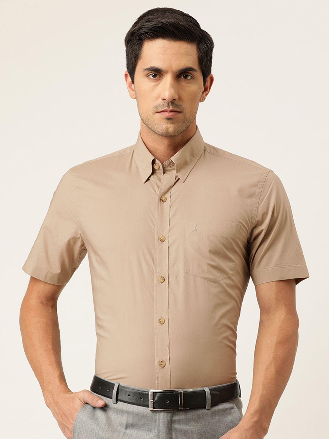 burnt umber men beige solid slim fit pure cotton formal shirt